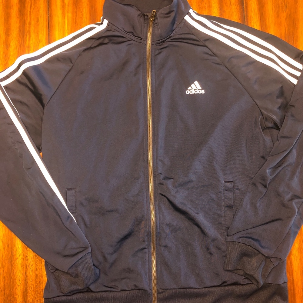 Adidas Track Jacket Blue White Men 3 Stripe Full Zip Long Sleeve Size L